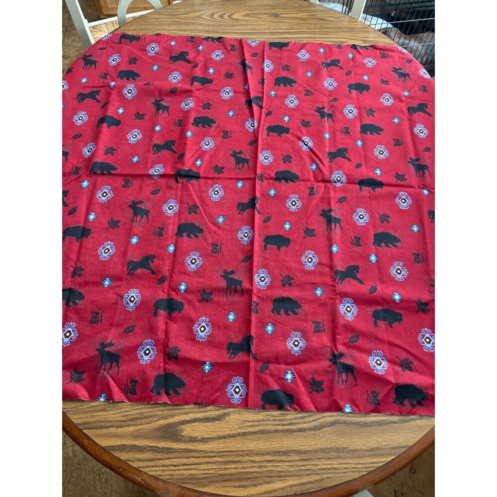 Jo-Anns burgundy fabric with black moose, bison, bear, horse and leaves